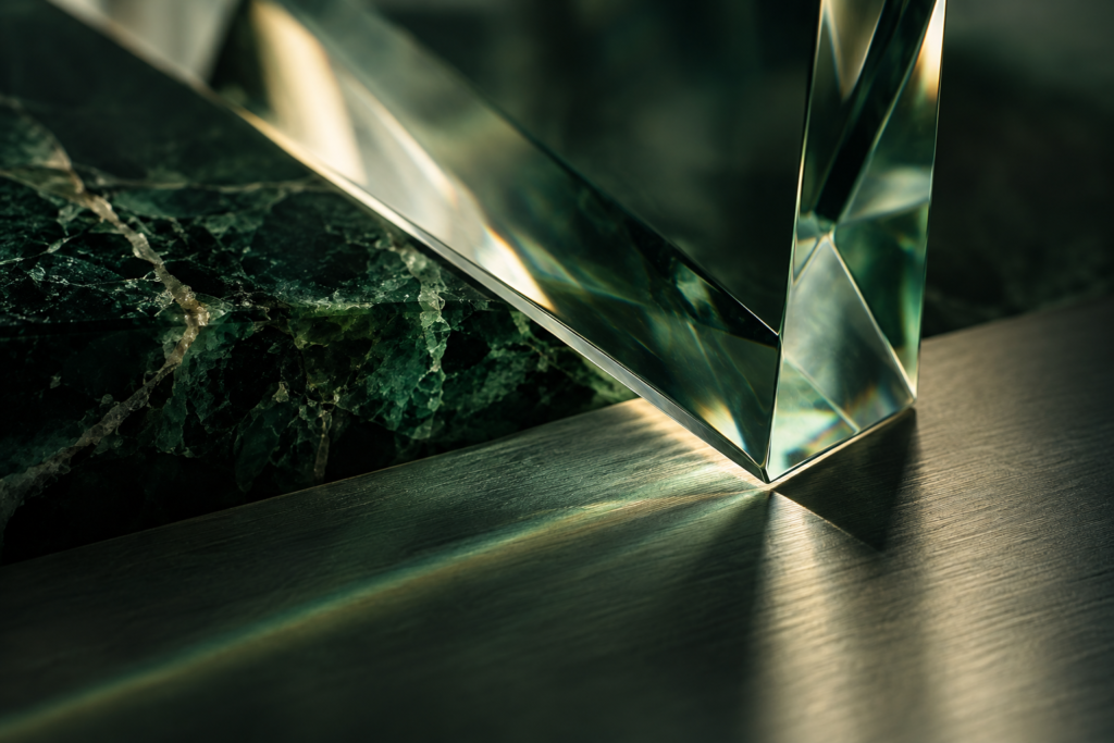 Light refracting through optical glass beside green mineral and brushed metal.