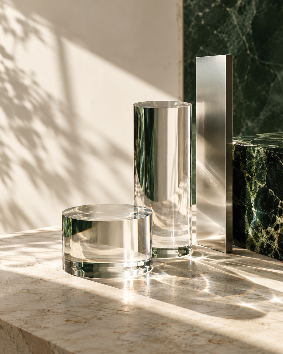 An editorial study of clear glass, brushed metal and green mineral